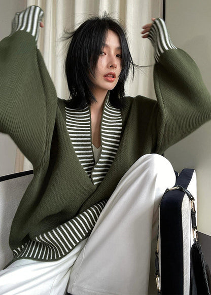 Army Green V Neck Striped Patchwork Knit Sweater Spring