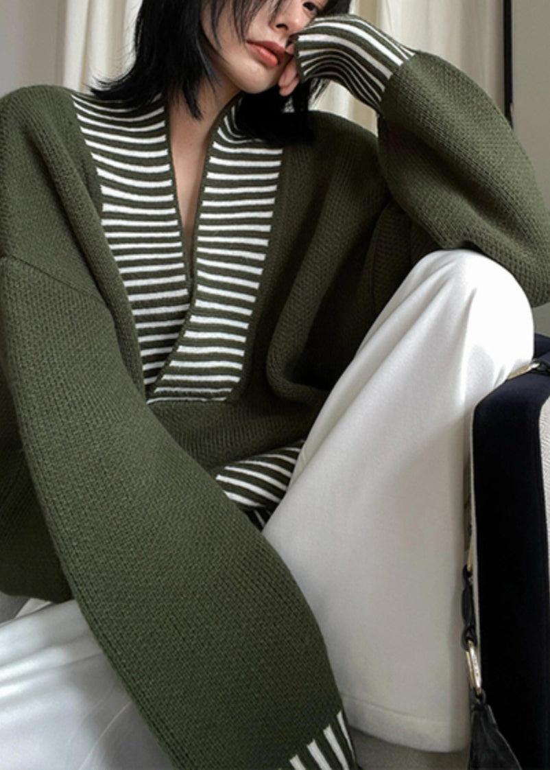 Army Green V Neck Striped Patchwork Knit Sweater Spring