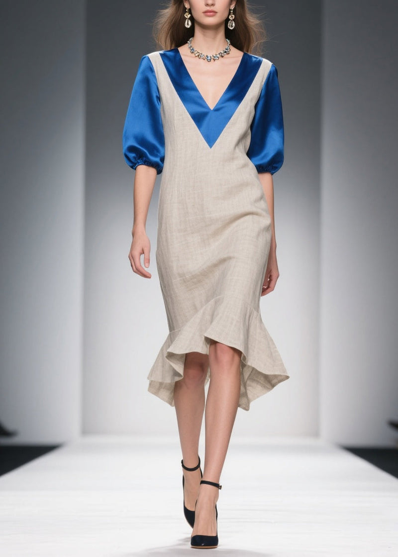 Beige Double-v Neck Patchwork Linen Silk Long Dresses Summer