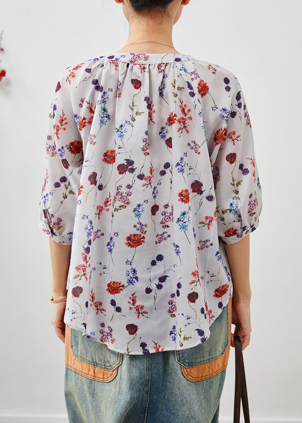 Beige O-neck Print Linen Shirt Half Sleeve