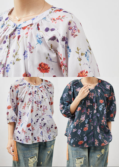 Beige O-neck Print Linen Shirt Half Sleeve