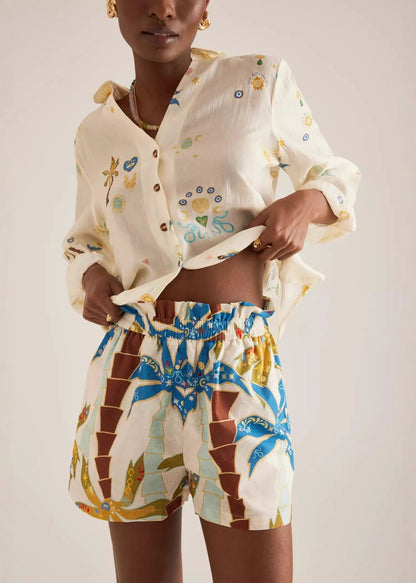 Beige Oversized Print Cotton Two Pieces Set Summer