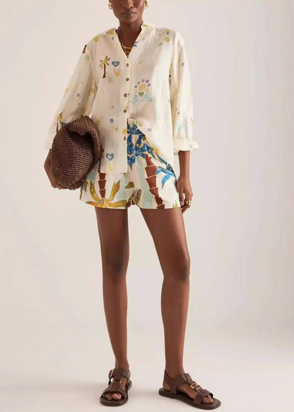 Beige Oversized Print Cotton Two Pieces Set Summer