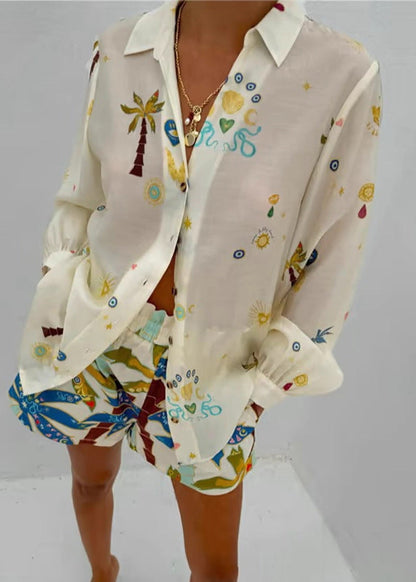 Beige Oversized Print Cotton Two Pieces Set Summer