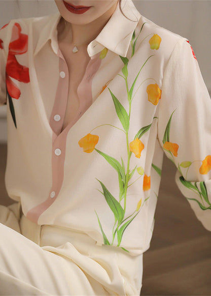 Beige Peter Pan Collar Print Button Chiffon Shirt Spring
