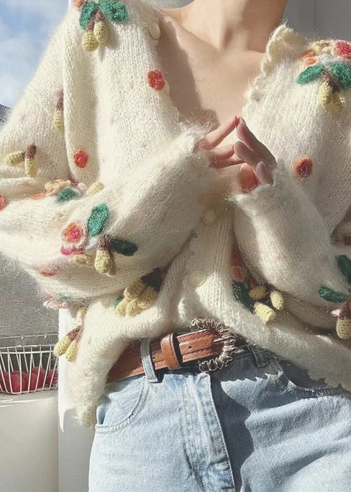 Beige V Neck Button Patchwork Knit Cardigan Spring