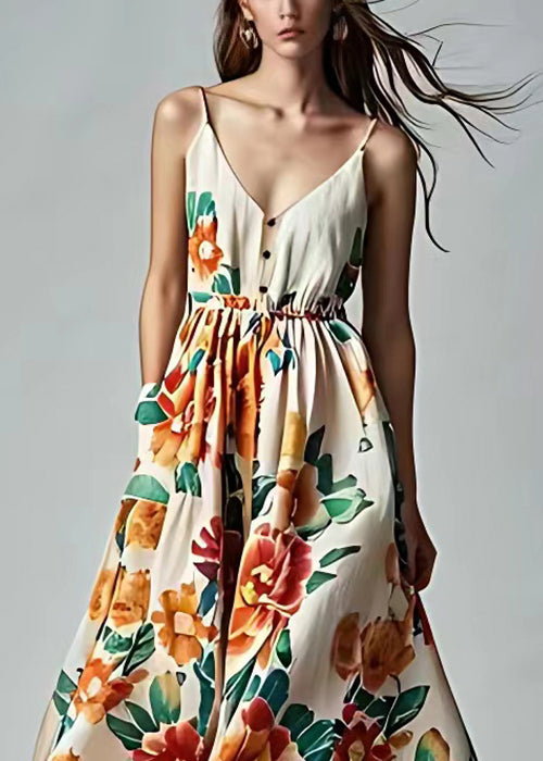 Beige V Neck Print Pockets Cotton Spaghetti Strap Dress Sleeveless