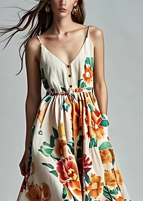 Beige V Neck Print Pockets Cotton Spaghetti Strap Dress Sleeveless