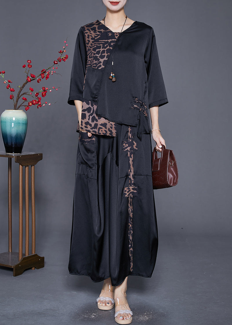 Black Asymmetrical Patchwork Leopard Silk Two Pieces Set Summer