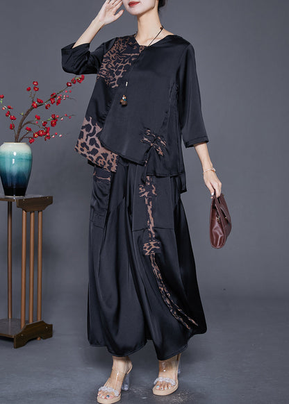 Black Asymmetrical Patchwork Leopard Silk Two Pieces Set Summer