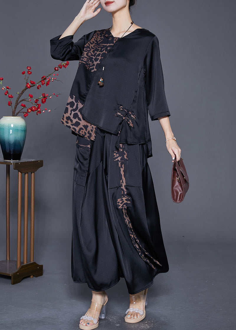 Black Asymmetrical Patchwork Leopard Silk Two Pieces Set Summer