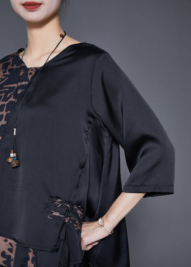 Black Asymmetrical Patchwork Leopard Silk Two Pieces Set Summer