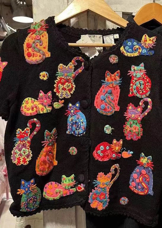 Black Cartoon Embroideried Knit Shirt Top Short Sleeve