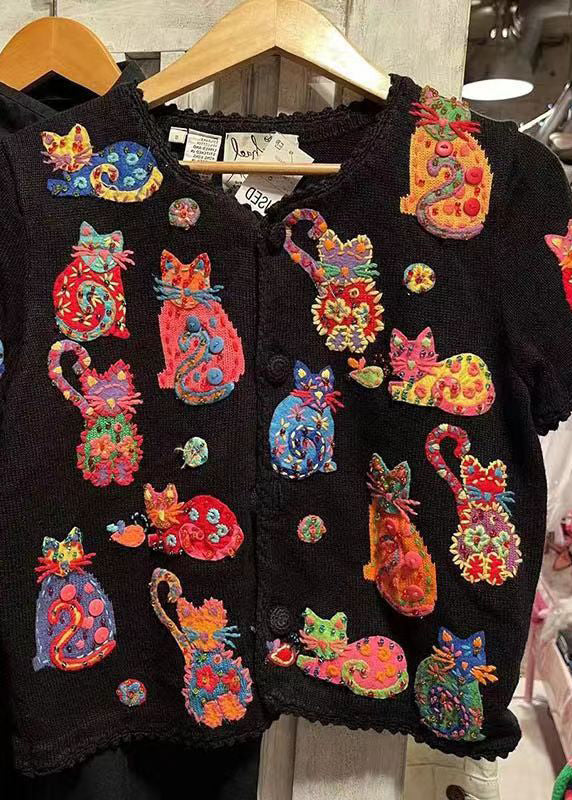Black Cartoon Embroideried Knit Shirt Top Short Sleeve