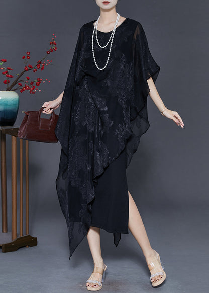 Black Cold Shoulder Jacquard Silk Dresses Summer