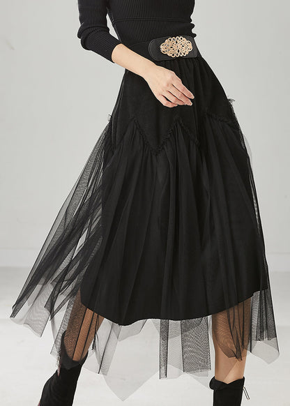Black High Waist Patchwork Tulle Corduroy Skirts Spring