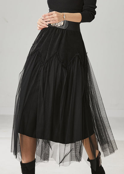 Black High Waist Patchwork Tulle Corduroy Skirts Spring