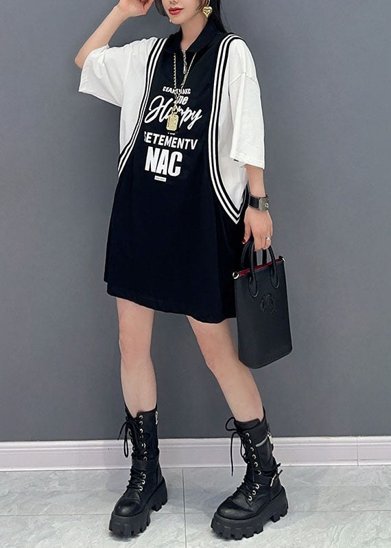 Black Letter Print Patchwork Cotton Sport Mid Dress Summer
