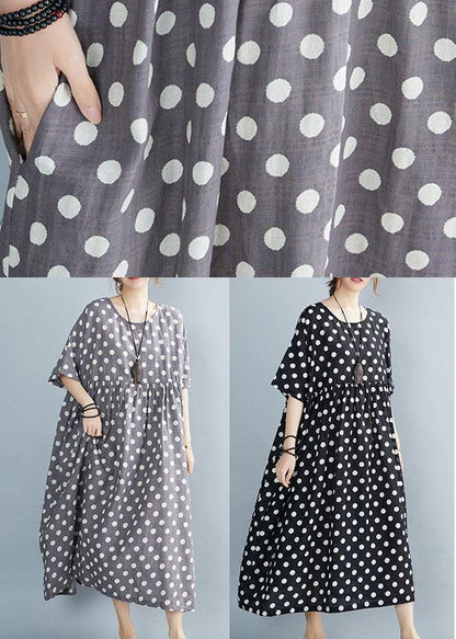 Black O-neck Dot Summer Maxi Dresses Half Sleeve