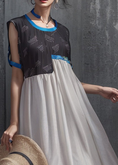 Black O Neck Print Patchwork Silk Dresses Summer