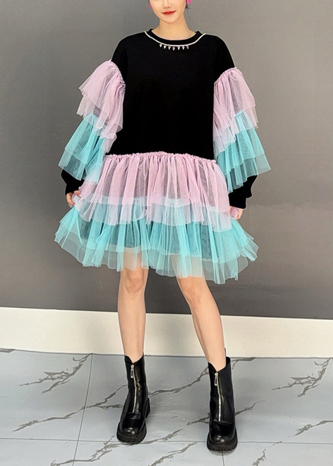 Black O Neck Tulle Patchwork Cotton Mid Dress Spring