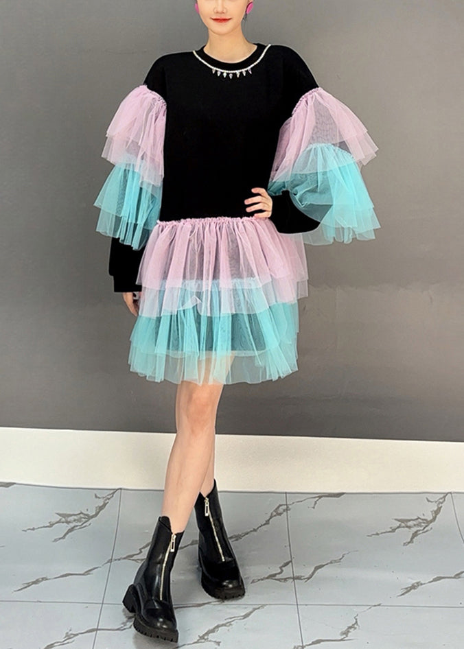 Black O Neck Tulle Patchwork Cotton Mid Dress Spring