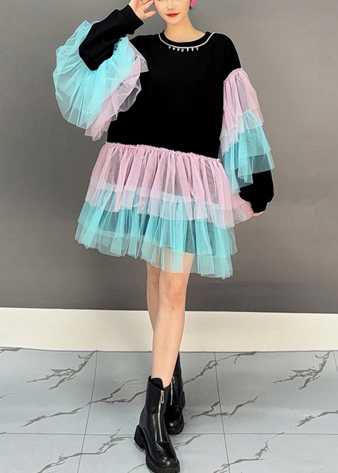 Black O Neck Tulle Patchwork Cotton Mid Dress Spring
