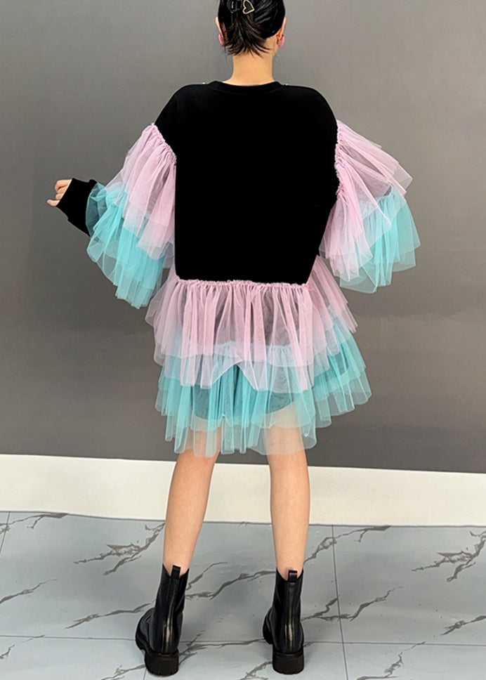 Black O Neck Tulle Patchwork Cotton Mid Dress Spring