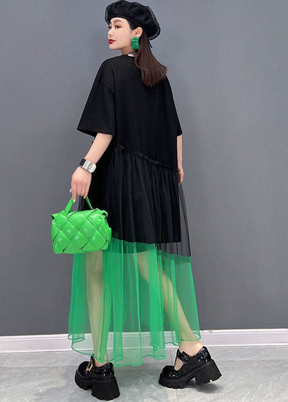 Black O-neck Tulle Patchwork Cotton Robe Dresses Short Sleeve