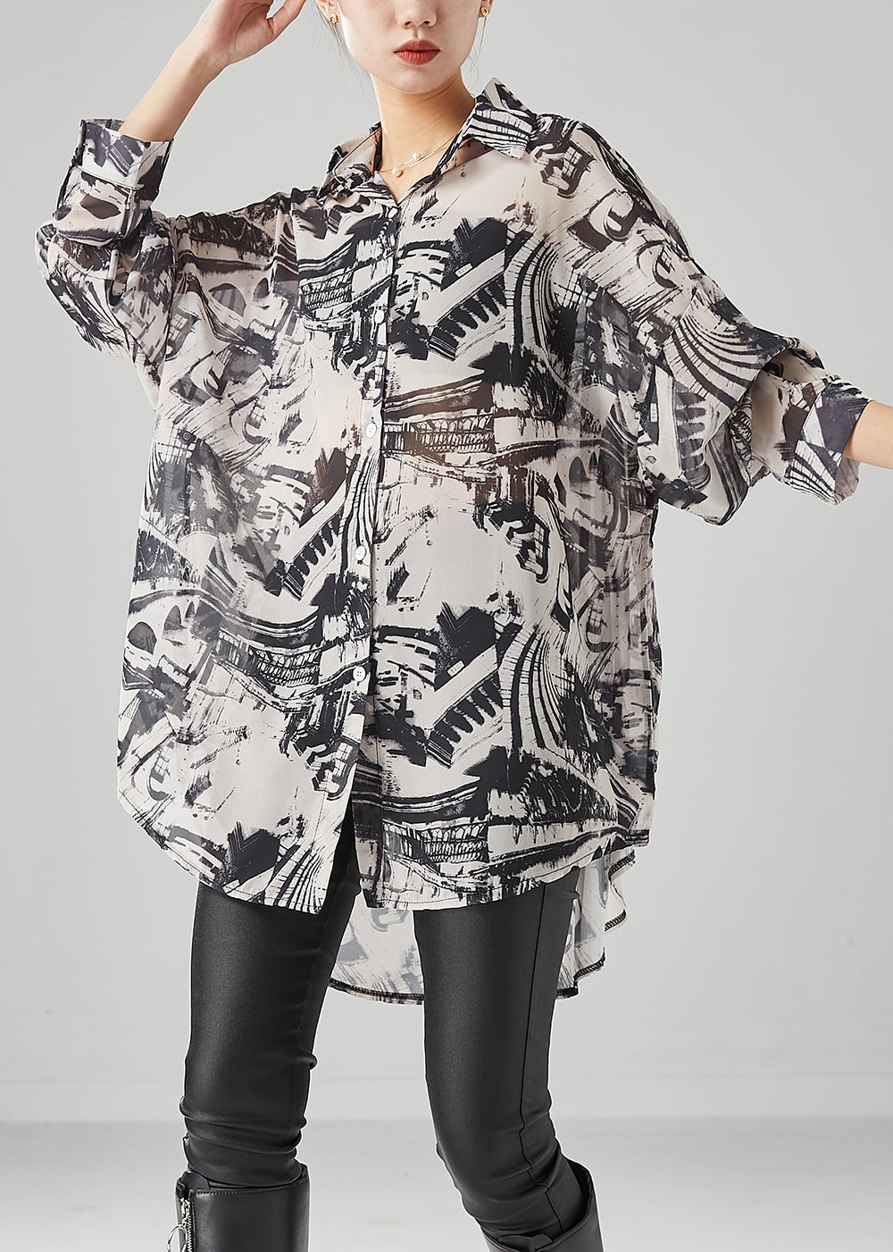 Black Oversized Inkwash Painting Chiffon Blouse Tops Summer