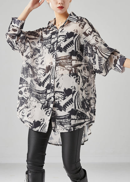 Black Oversized Inkwash Painting Chiffon Blouse Tops Summer