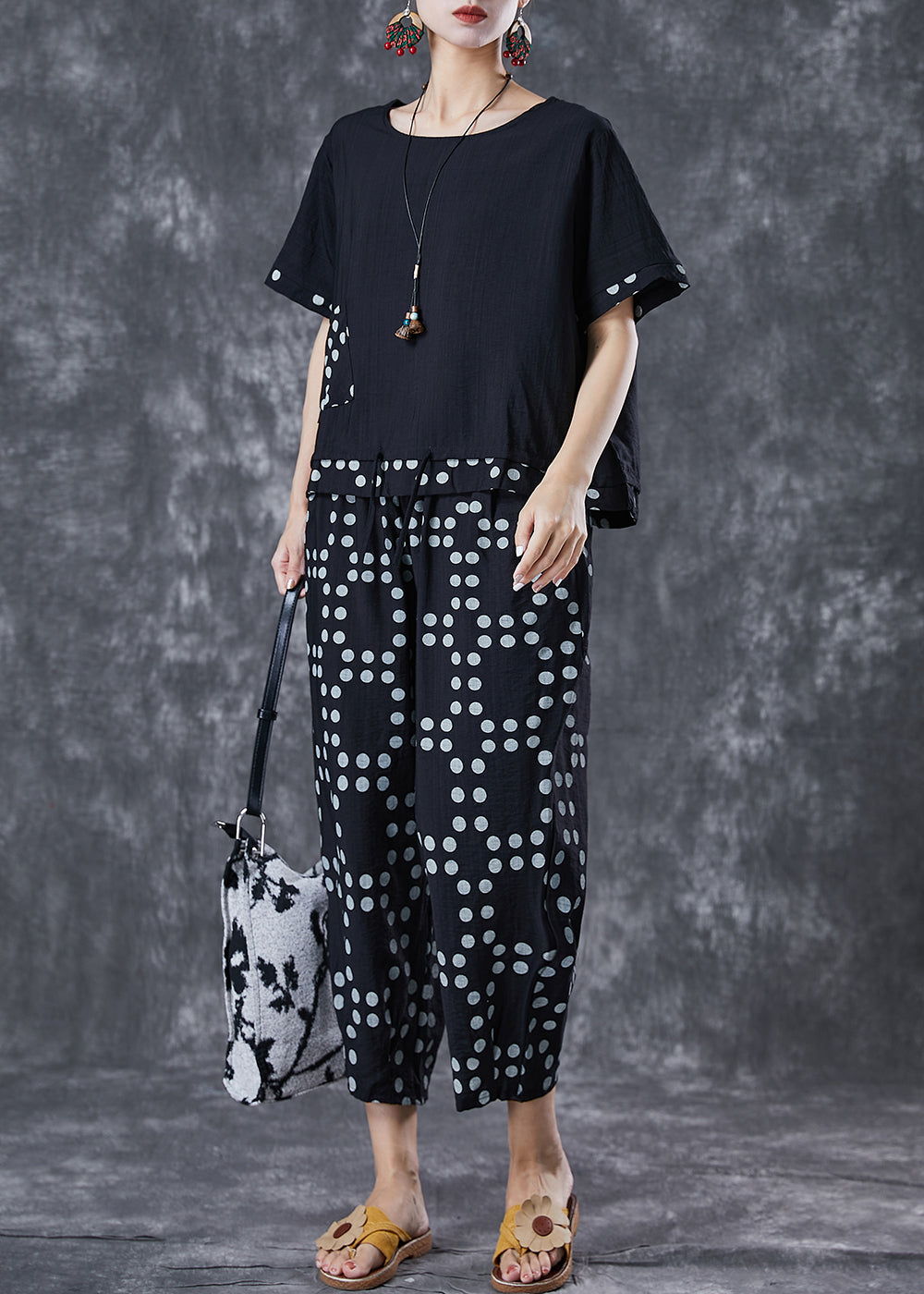 Black Oversized Patchwork Dot Cotton Two-piece Set Summer
