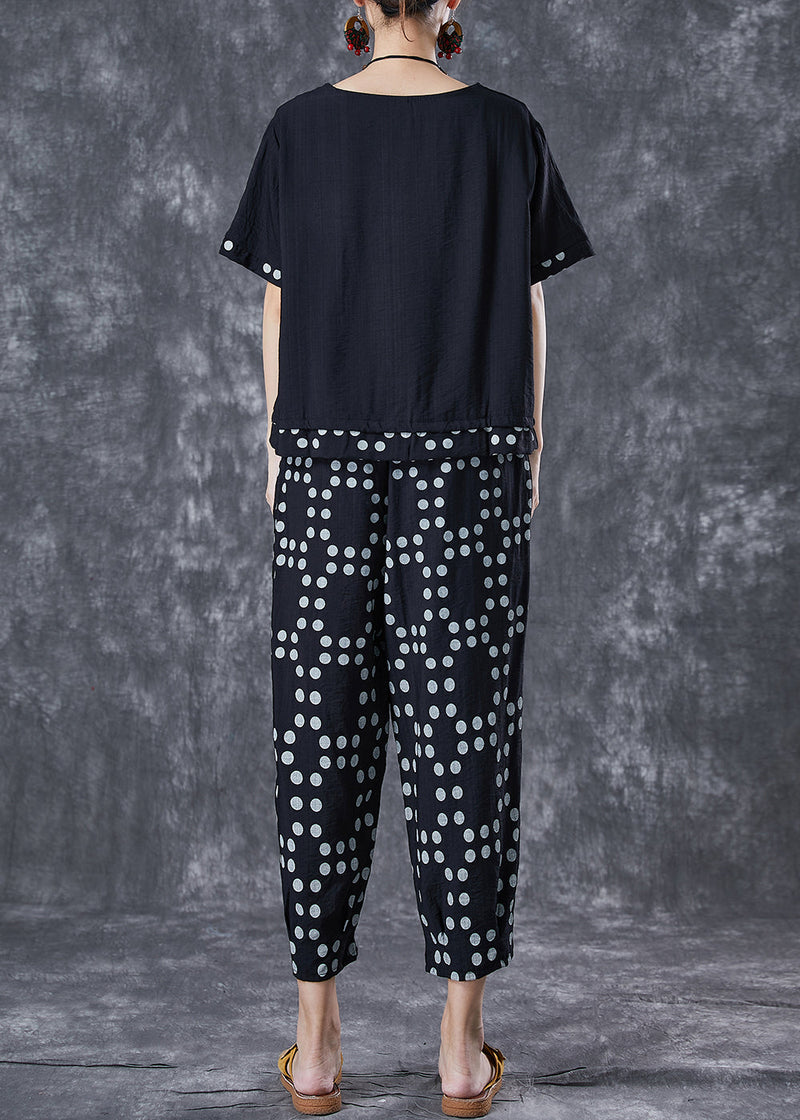 Black Oversized Patchwork Dot Cotton Two-piece Set Summer