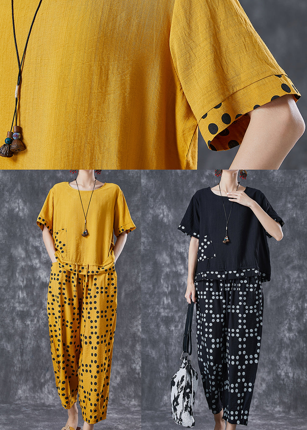 Black Oversized Patchwork Dot Cotton Two-piece Set Summer