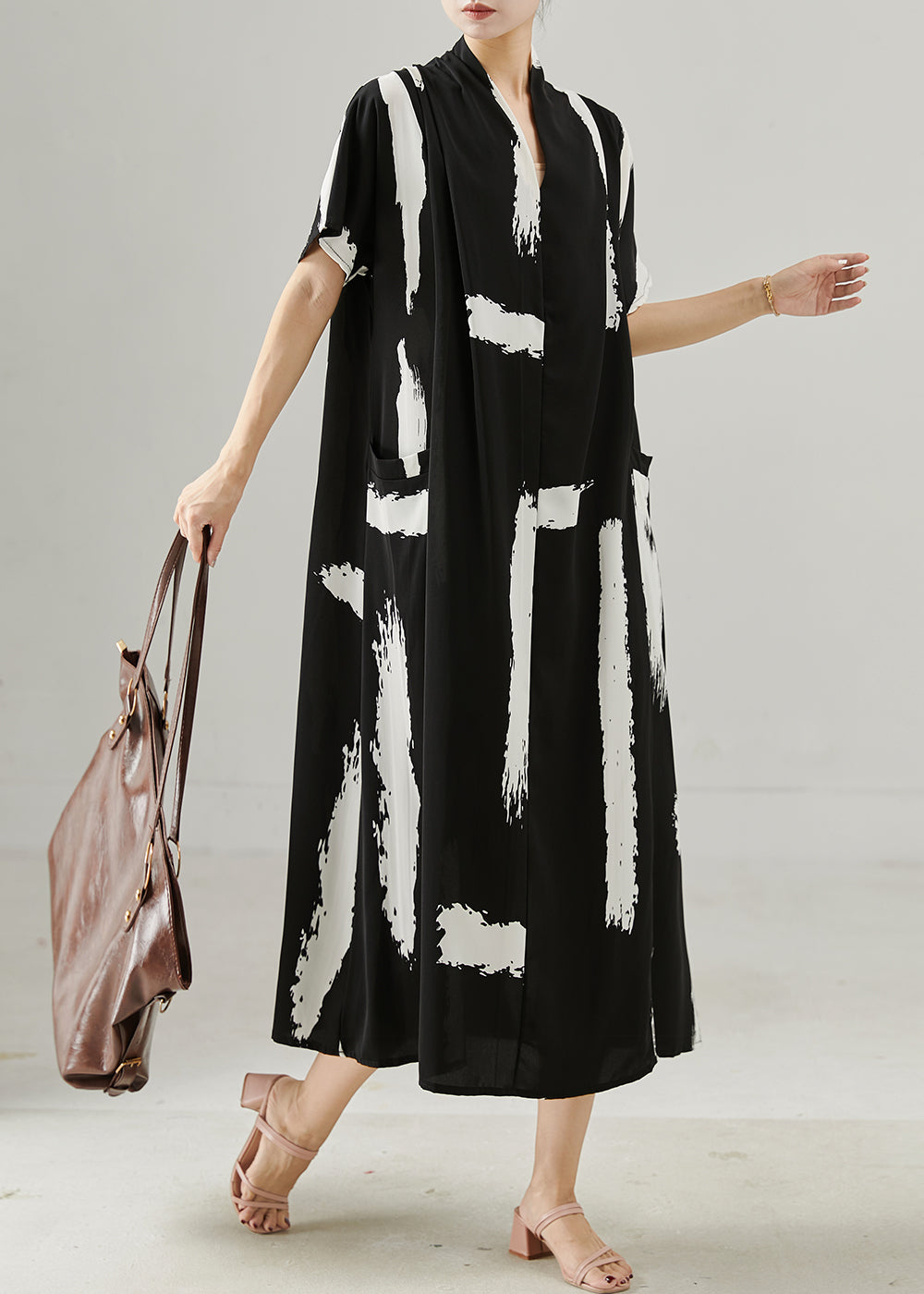 Black Oversized Print Chiffon Maxi Dresses Summer