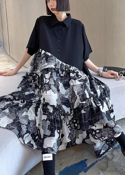 Black Patchwork Print Cotton Button Summer Maxi Dress