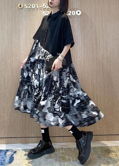 Black Patchwork Print Cotton Button Summer Maxi Dress
