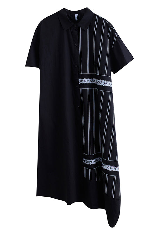 Black Peter Pan Collar Button Asymmetrical Side Open Dress Short Sleeve