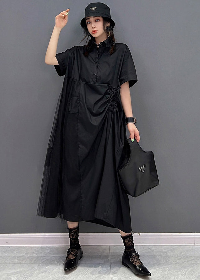 Black Peter Pan Collar Cinched Button Tulle Patchwork Maxi Dresses Short Sleeve
