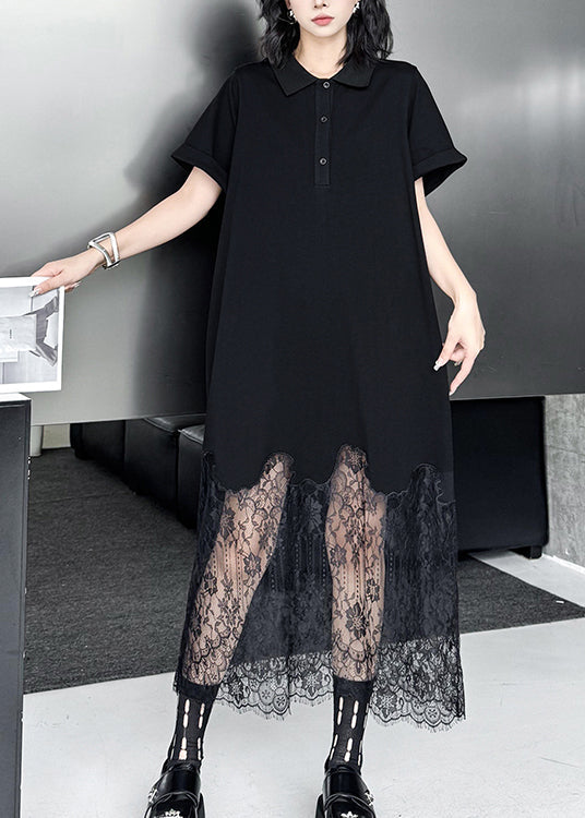 Black Peter Pan Collar Lace Patchwork Cotton Dresses Summer