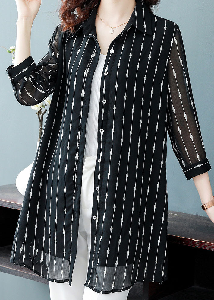 Black Peter Pan Collar Striped Patchwork Silk Shirt Bracelet Sleeve