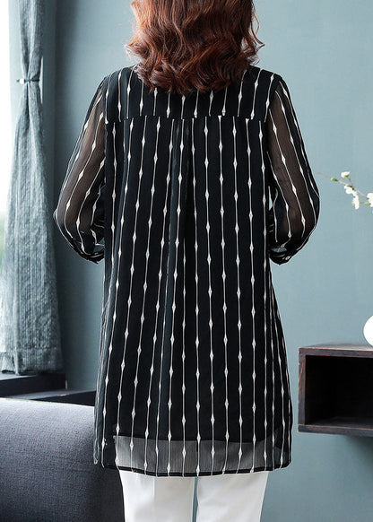 Black Peter Pan Collar Striped Patchwork Silk Shirt Bracelet Sleeve