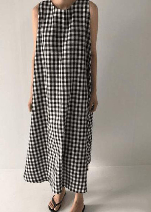Black Plaid O Neck Patchwork Cotton Dress Sleeveless