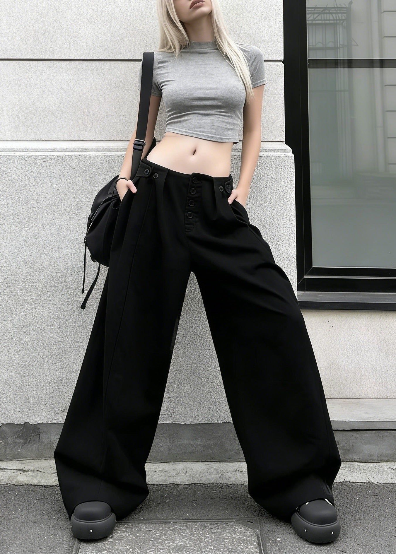 Black Pockets Button Cotton Wide Leg Pants Spring
