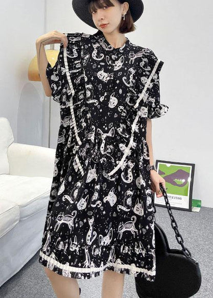 Black Print Asymmetric Short Sleeve Dress