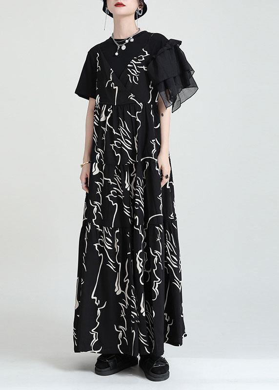 Black Print Asymmetrical Design a Line Dress Sleeveless