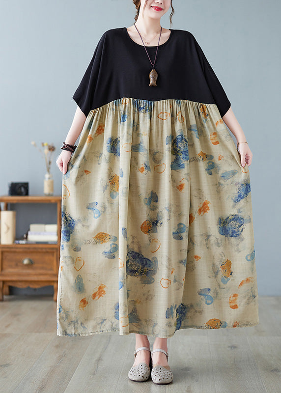 Black Print Patchwork Long Dresses Short Sleeve