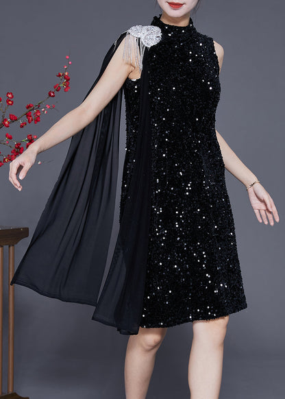 Black Sequins Cloak Slim Fit Mid Dress Summer