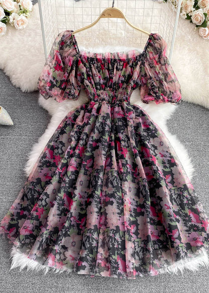 Black Square Collar Print Tulle Patchwork Tunic Mid Dress Short Sleeve