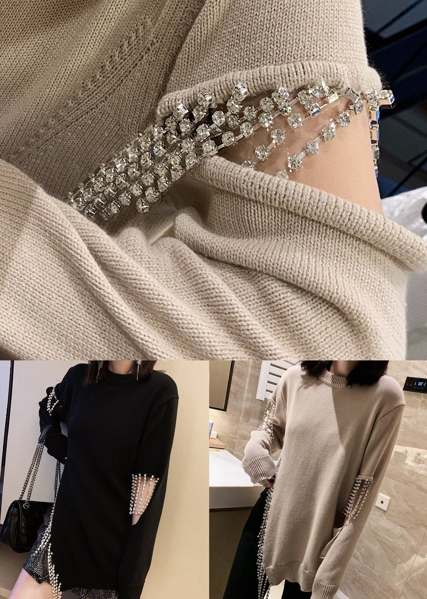 Black Tasseled Hole Patchwork Cotton Knit Sweaters Long Sleeve